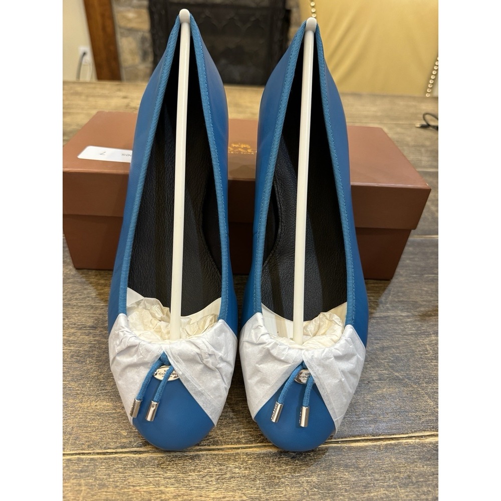NWB COACH Lara Silk Nappa Ballet Flats Peacock Blue Leather Bow Logo‎ Size 9 - Picture 2 of 11
